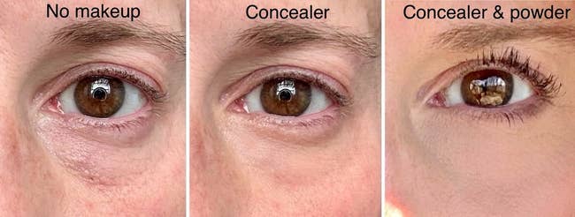 Three close-up images showing the progression of eye makeup application: bare, with concealer, and with concealer plus powder