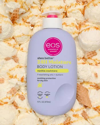 EOS 24H Moisture Body Lotion with vanilla cashmere scent. Offers soothing extortion  for adust  tegument  with 7 nourishing oils + butters