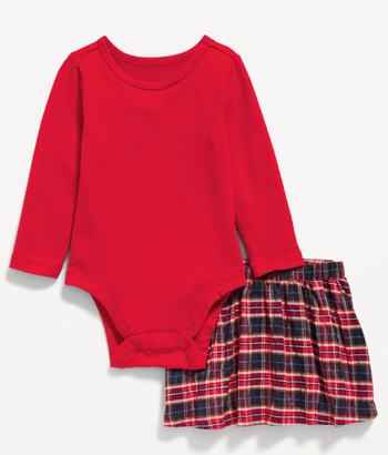 a red bodysuit with a red plaid skirt