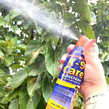 Model showing the sunscreen's easy spray application