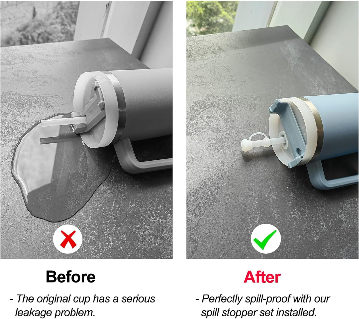 liquid leaking from a cup before and after using a spill stopper