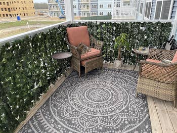 Cat lounging on cushioned patio chair with decorative rug and plants on a balcony