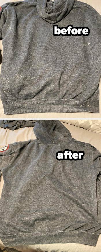 Before and after of a grey sweatshirt showing lint removed using the roller