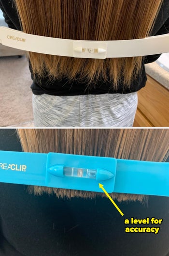 two photos of each clip on the sam reviewers hair. Bottom photo says 