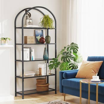 Modern living room with a bookshelf, plants, and blue sofa. Ideal for showcasing home decor trends