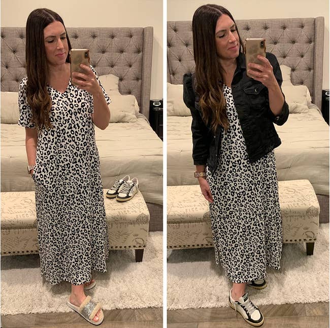 reviewer in leopard print sleeveless tee dress with side slit worn with slippers and then dressed up with a denim jacket and sneakers