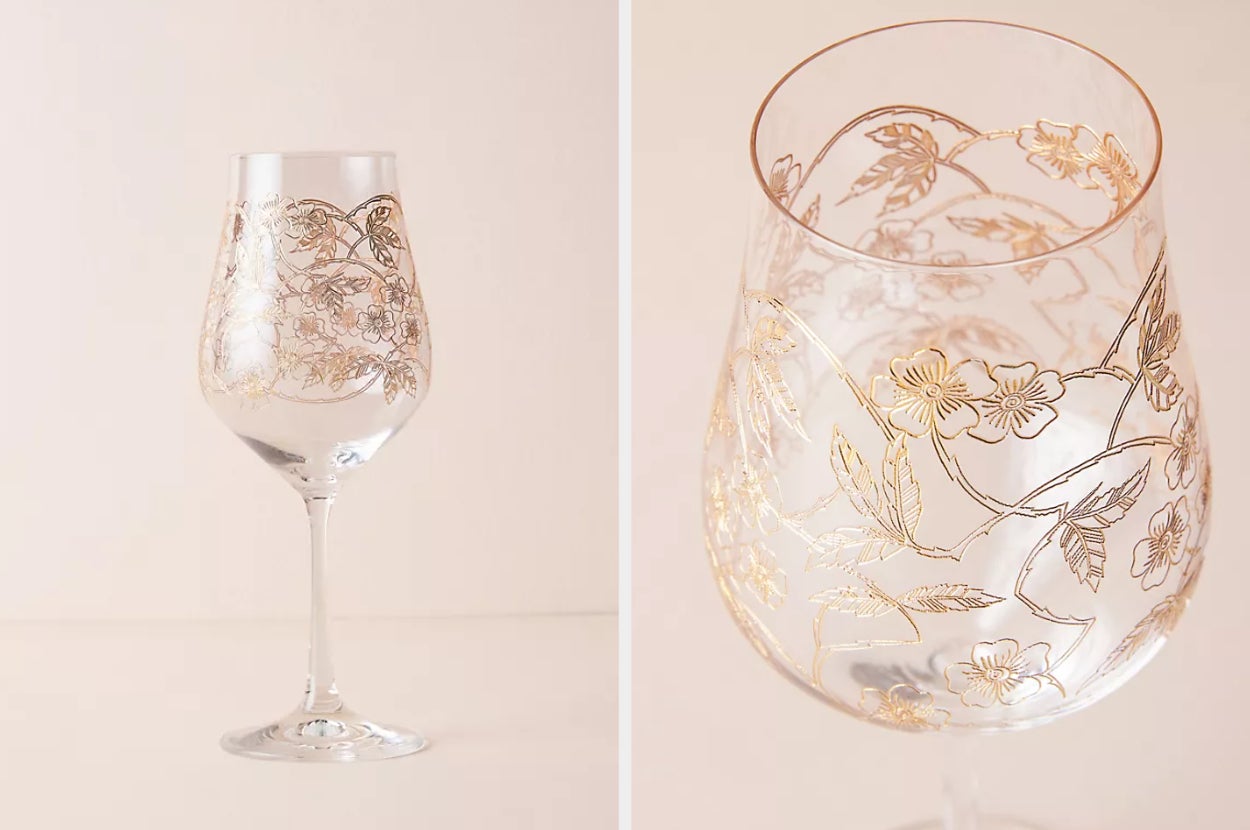 Two images of the gold floral wine glass
