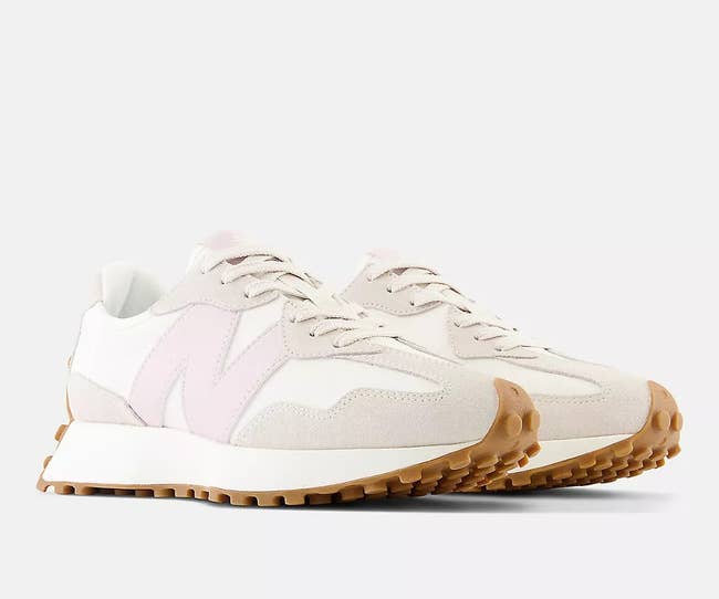 the sneakers in white, tan, and pink