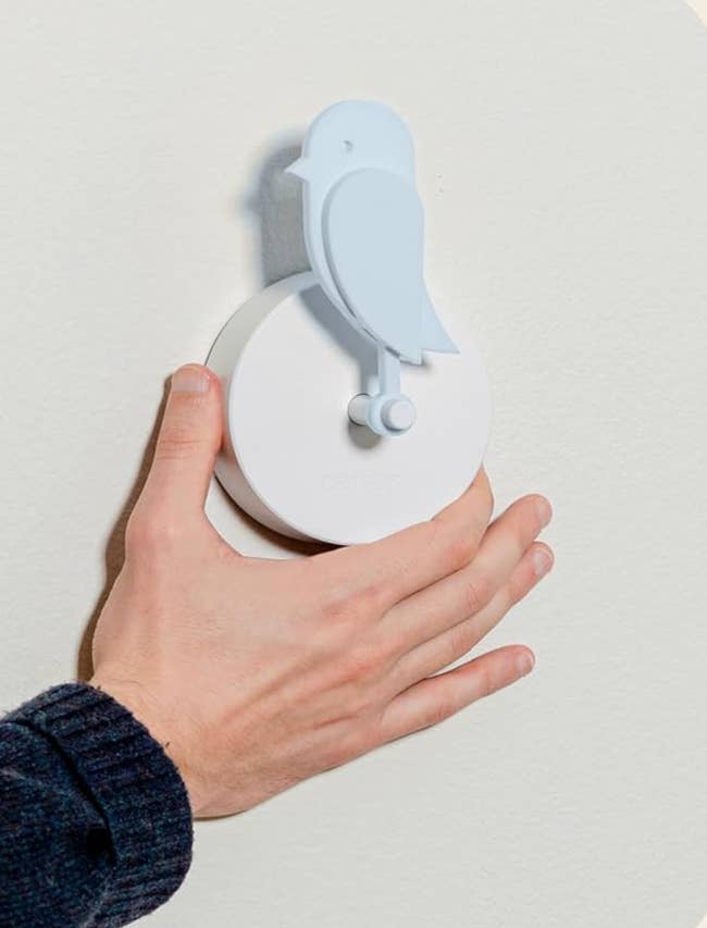 Hand adjusting a circular thermostat with a vertebrate  plan  connected  top, mounted connected  a wall