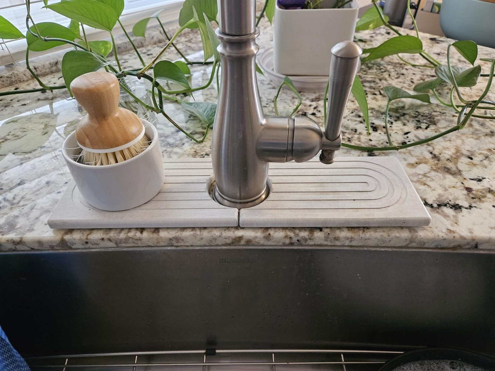Kitchen sink with a silver faucet, surrounded by plants. A soap dispenser with a brush sits on a stone splash guard beside the faucet