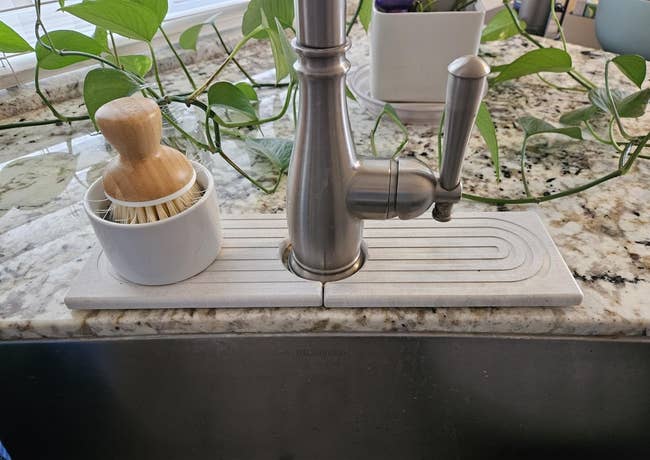 Kitchen sink with a silver faucet, surrounded by plants. A soap dispenser with a brush sits on a stone splash guard beside the faucet