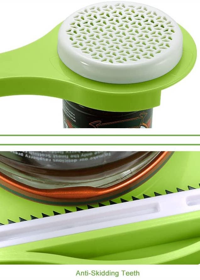 the jar opener placed on top of a jar and then a close-up image of the anti-skidding teeth against the lid