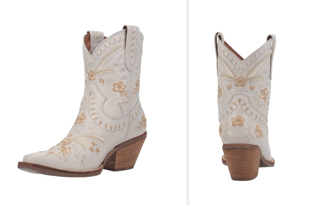 White cowboy boots with yellow flowers embroidered and back view of product 