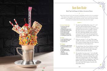 example page showing a milkshake with a ton of treats coming out and the recipe page on the opposite side