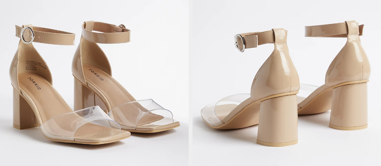 Two images of beige heel sandals