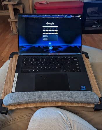 reviewer with a laptop on lapdesk