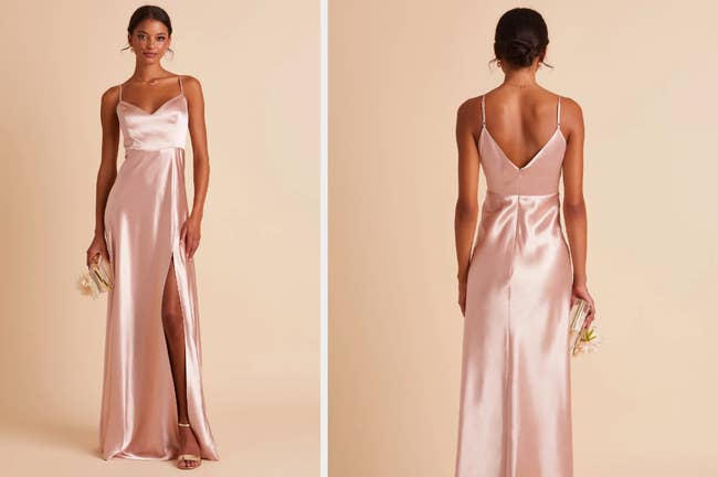 Model wearing silky sleeveless rose gold dress with front slit