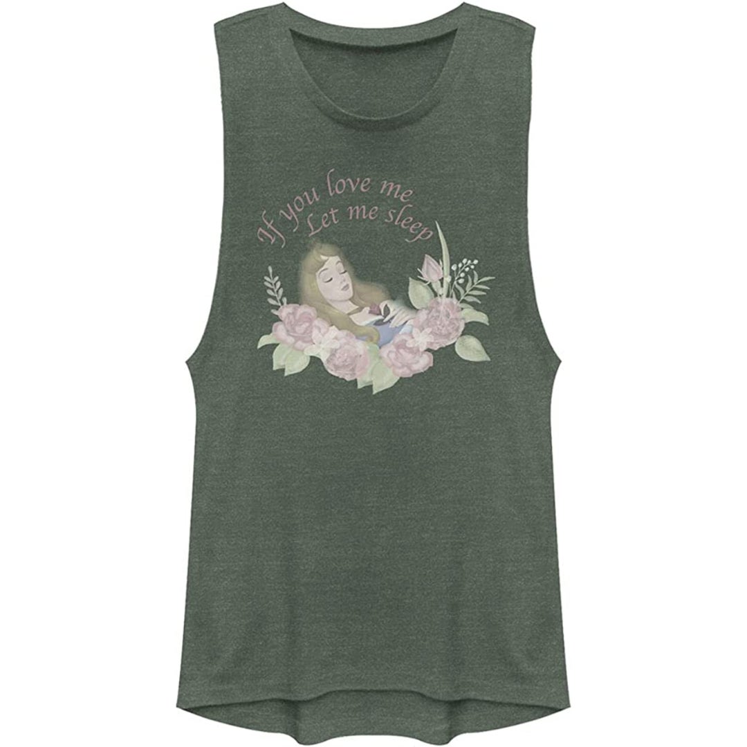 a gray muscle tank with princess aurora on it and the words