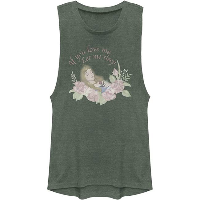 a gray muscle tank with princess aurora on it and the words 