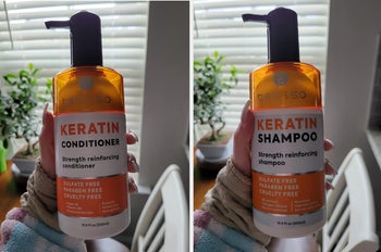 Reviewer holding orange and white bottles of shampoo and conditioner with black pump over white chair