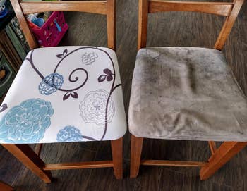 before and after of reviewer's chairs one with white seat cover and one without