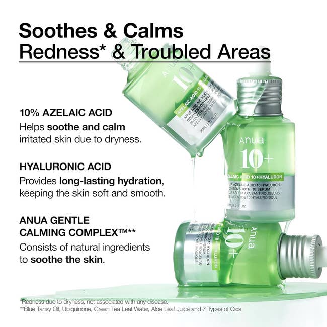 Skincare products with 10% Azelaic Acid, Hyaluronic Acid, and calming ingredients to soothe and hydrate red, irritated skin