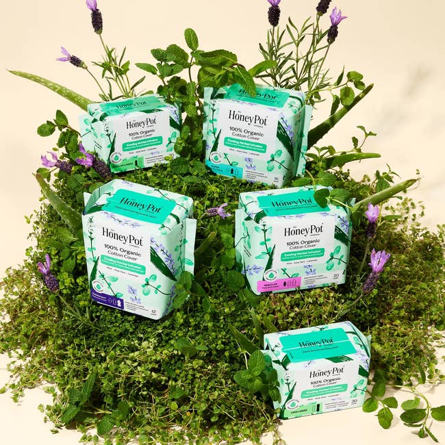 Five packages of Honey Pot 100% integrated menstrual pads displayed connected a furniture of greenery and flowers