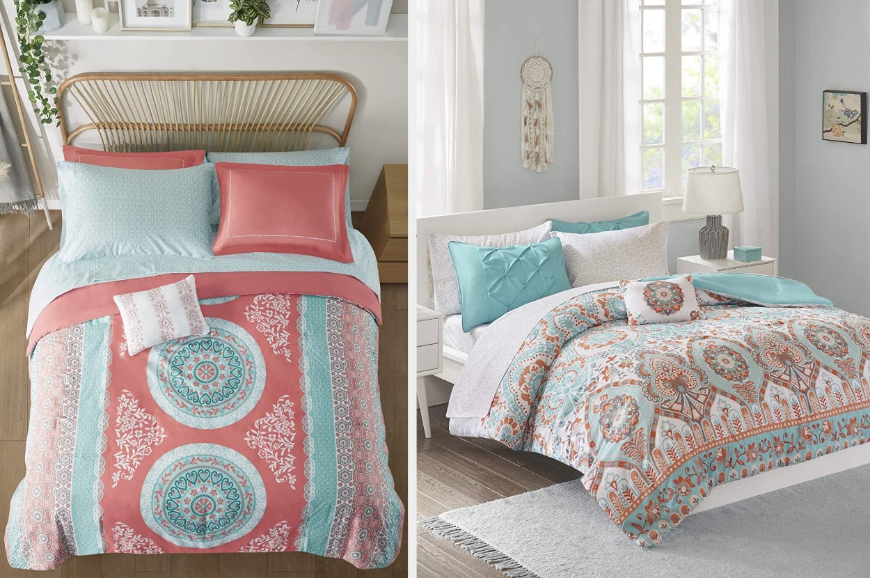 Coral and teal medallion comforter with coral pillowcases and a striped coral and white throw pillow on a wooden bed frame, product in teal, white, and orange with matching pillows on a white bed frame