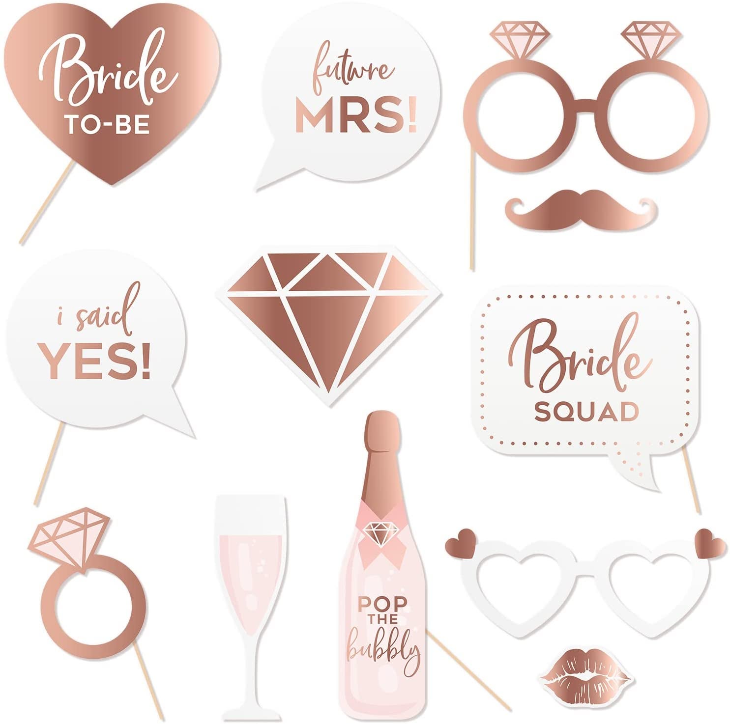 Diamond ring, champagne-shaped, champagne glass-shaped, diamond, glasses, and wedding-themed blurb photo booth props