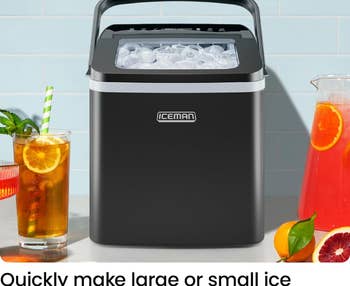 Portable countertop ICEMAN ice maker next to iced drinks