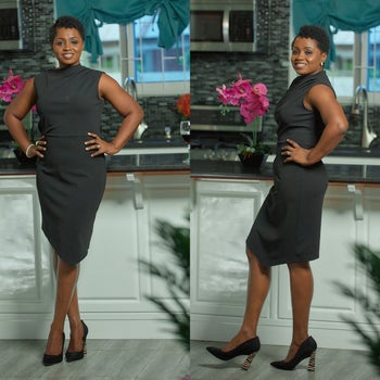 Two images of reviewer wearing gray dress