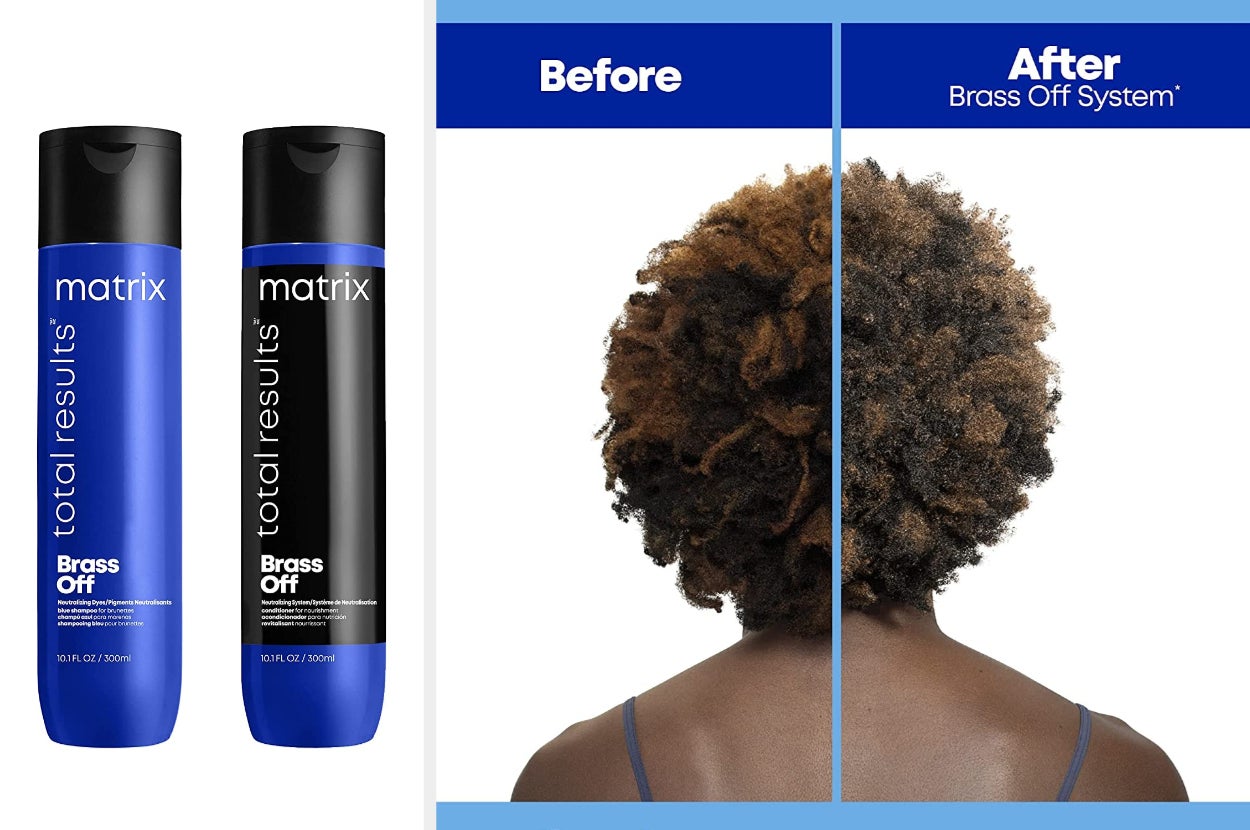 Blue and black shampoo and conditioner bottles on a white background, model's hair before and after using products on a white background