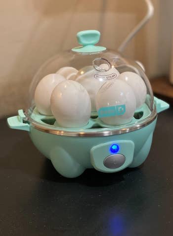 Reviewer's egg cooker with aqua base and clear glass cover, with eggs inside cooking