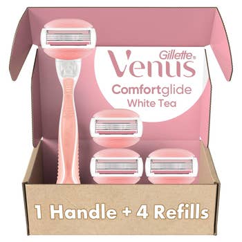 Pack of Gillette Venus Comfortglide White Tea includes 1 razor grip and 4 refill cartridges