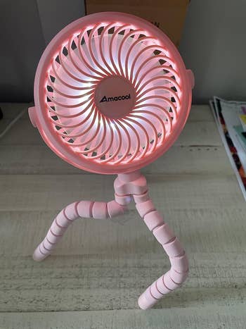 a pink tripod fan