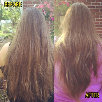 a before and after of a reviewer's hair