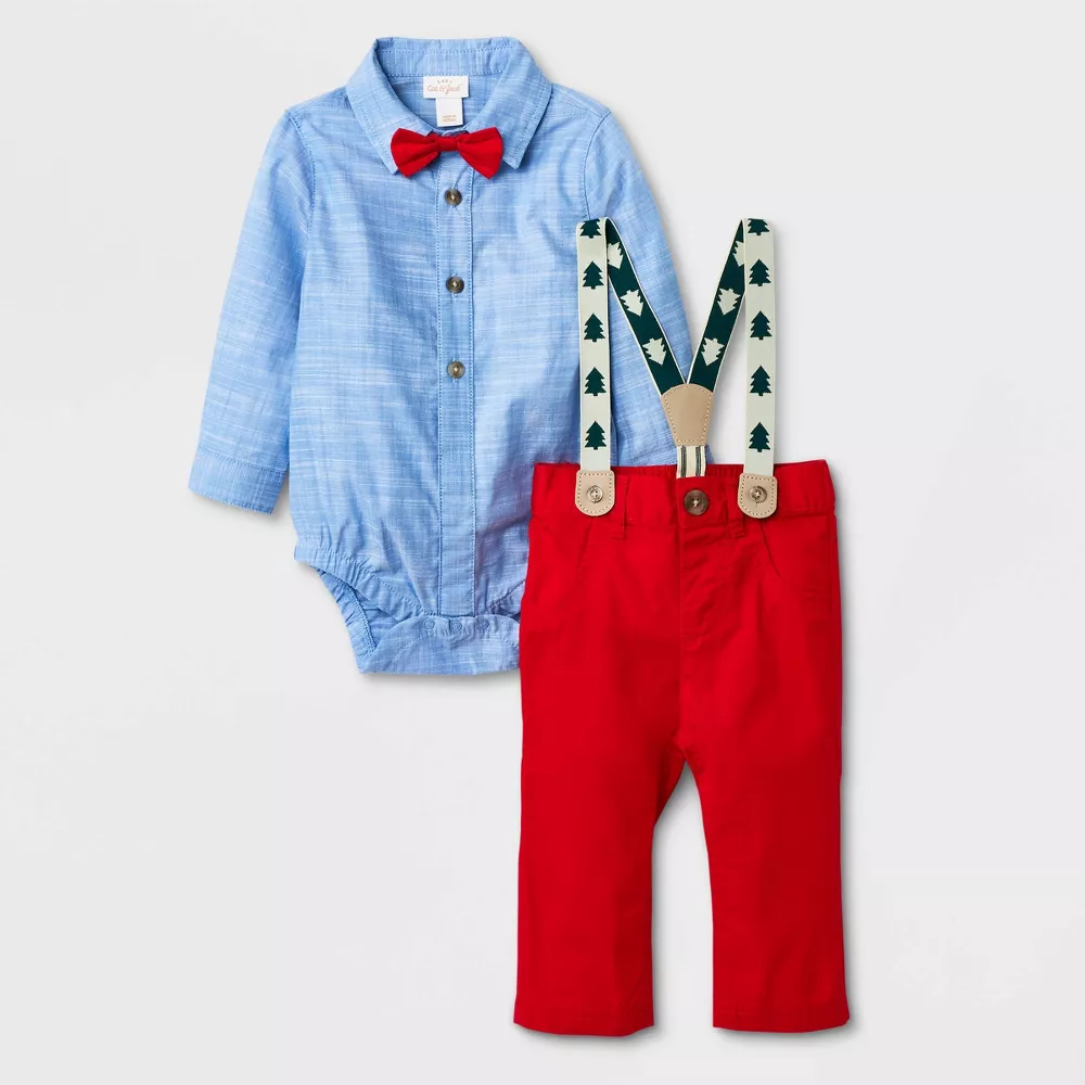 chambray dress shirt, red bow tie, and tree-adorned suspenders set