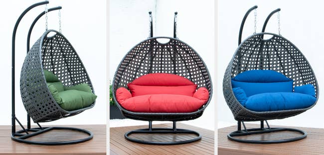 Image of the egg chair with green, red, and blue cushions
