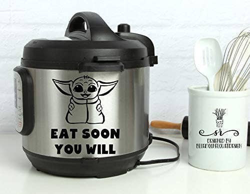 instant pot with sticker of baby yoda that reads 