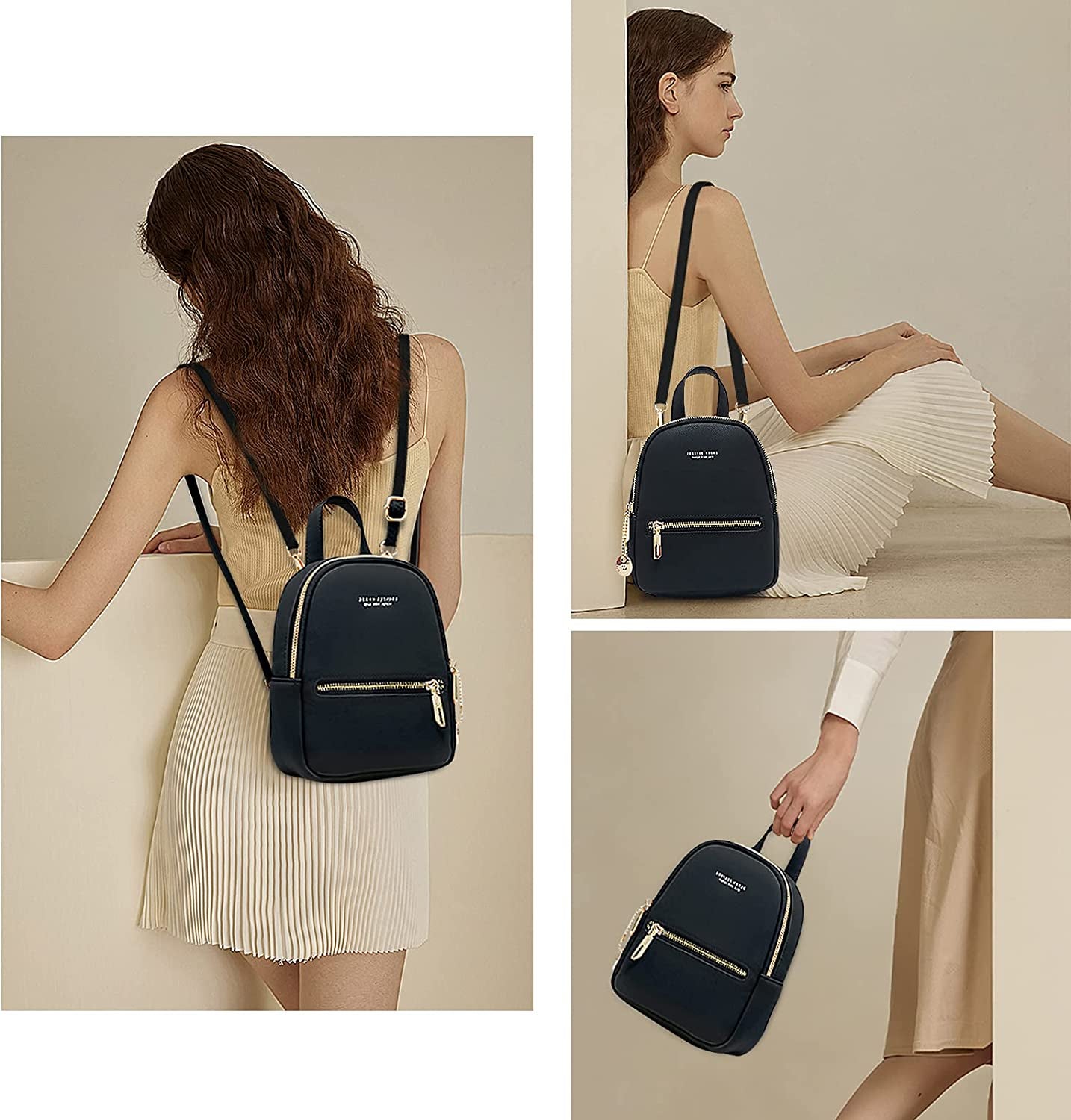 collage showing model wearing it as a backpack, top-handle purse, and crossbody purse