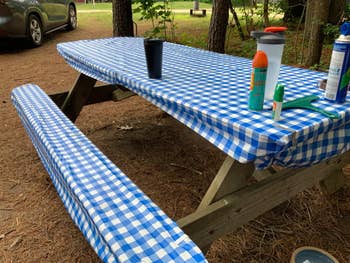 Picnic table with a blue and white checkered tablecloth and various items, likely for an outdoor meal