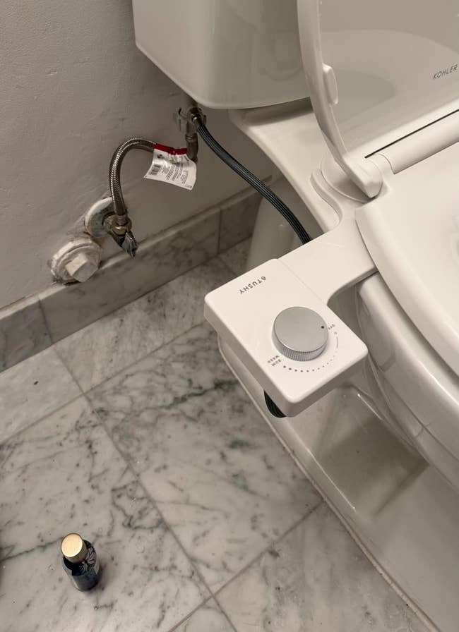 Toilet with a bidet attachment and a vessel connected the marble floor, showcasing bath upgrade options