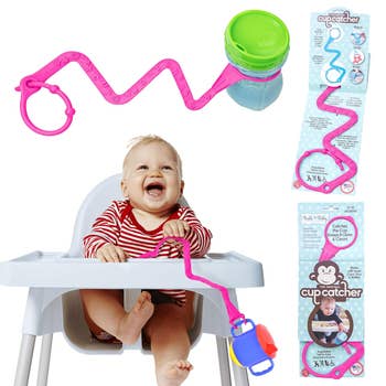 Baby successful  a precocious   seat  with pinkish  cup-catching strap, securing cups and preventing spills