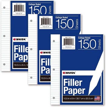 Three 150-sheet packs of loose leaf paper