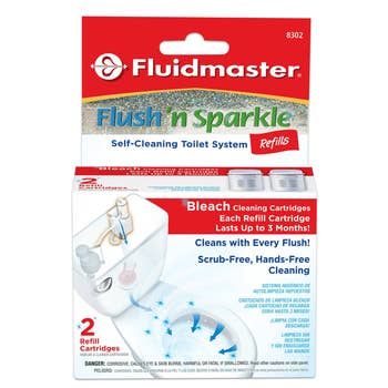 Fluidmaster Flush 'n Sparkle refill battalion  for toilet cleaning. Advertises bleach cleaning cartridges for hands-free flushing and casual  maintenance