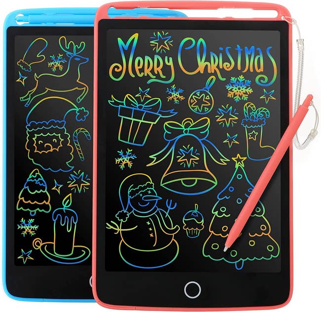 The blue and pink writing tablets with LCD screens and colorful doodles