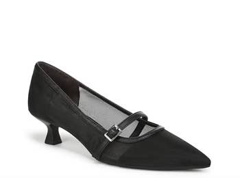 Black kitten-heel footwear with a pointed toed and buckle strap, styled successful a classic, elegant plan suitable for assorted occasions