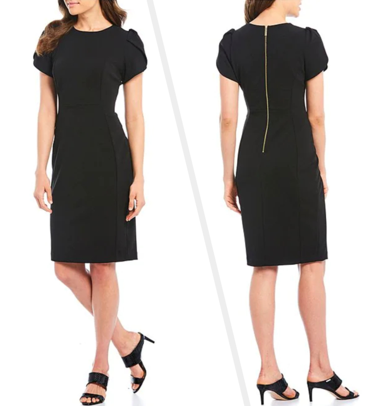 Two images of model wearing black dress