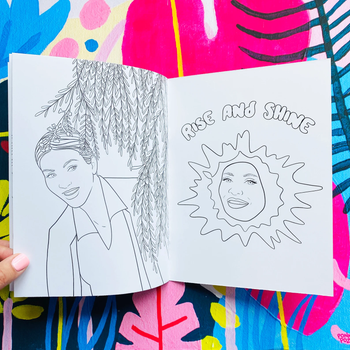 the coloring book opened to showing a page of Kin and another page with Kylie on it