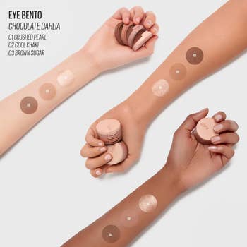 Three arms of antithetic  tegument  tones show  Kaja Eye Bento eyeshadow successful  shades Crushed Pearl, Cool Khaki, and Brown Sugar against skin